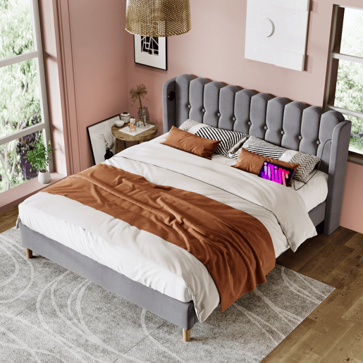 Cama estofada em linho 180x200 cm - com portas de carga e estrado - Cinzento