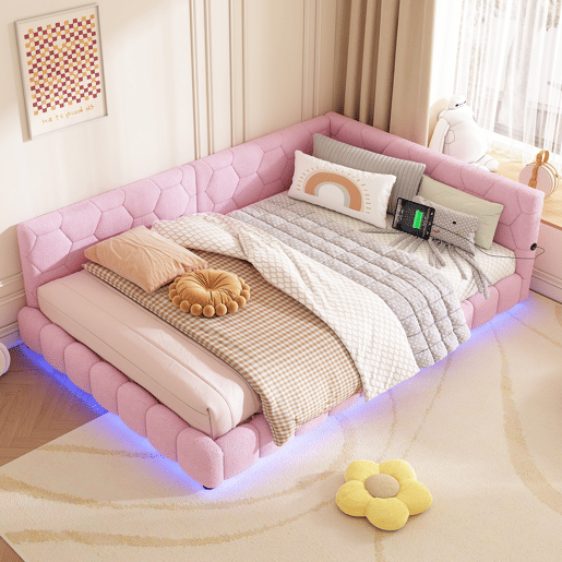 Sofá-cama de veludo 140x200 cm - com LED e porta USB - Rosa