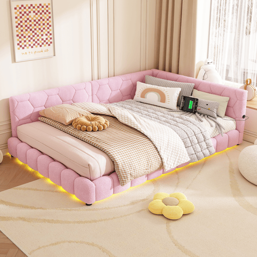 Sofá-cama de veludo 140x200 cm - com LED e porta USB - Rosa