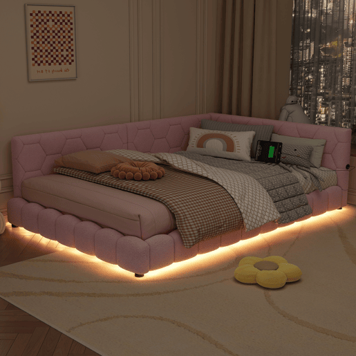 Sofá-cama de veludo 140x200 cm - com LED e porta USB - Rosa