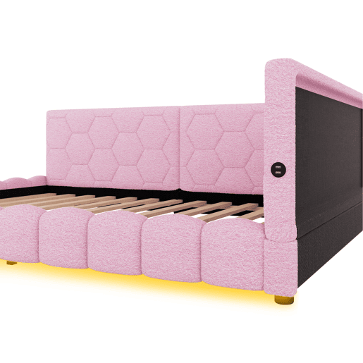 Sofá-cama de veludo 140x200 cm - com LED e porta USB - Rosa