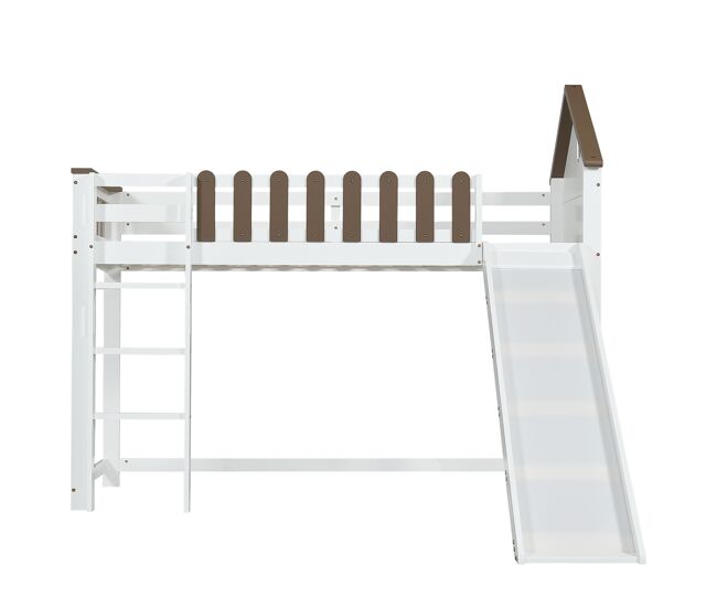 Cama alta 90x200 cm con escalera y tobogán - en madera de pino y mdf - blanco y marrón