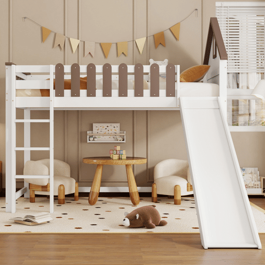 Cama alta 90x200 cm com escada e escorrega - em madeira de pinho e MDF - Branco e castanho