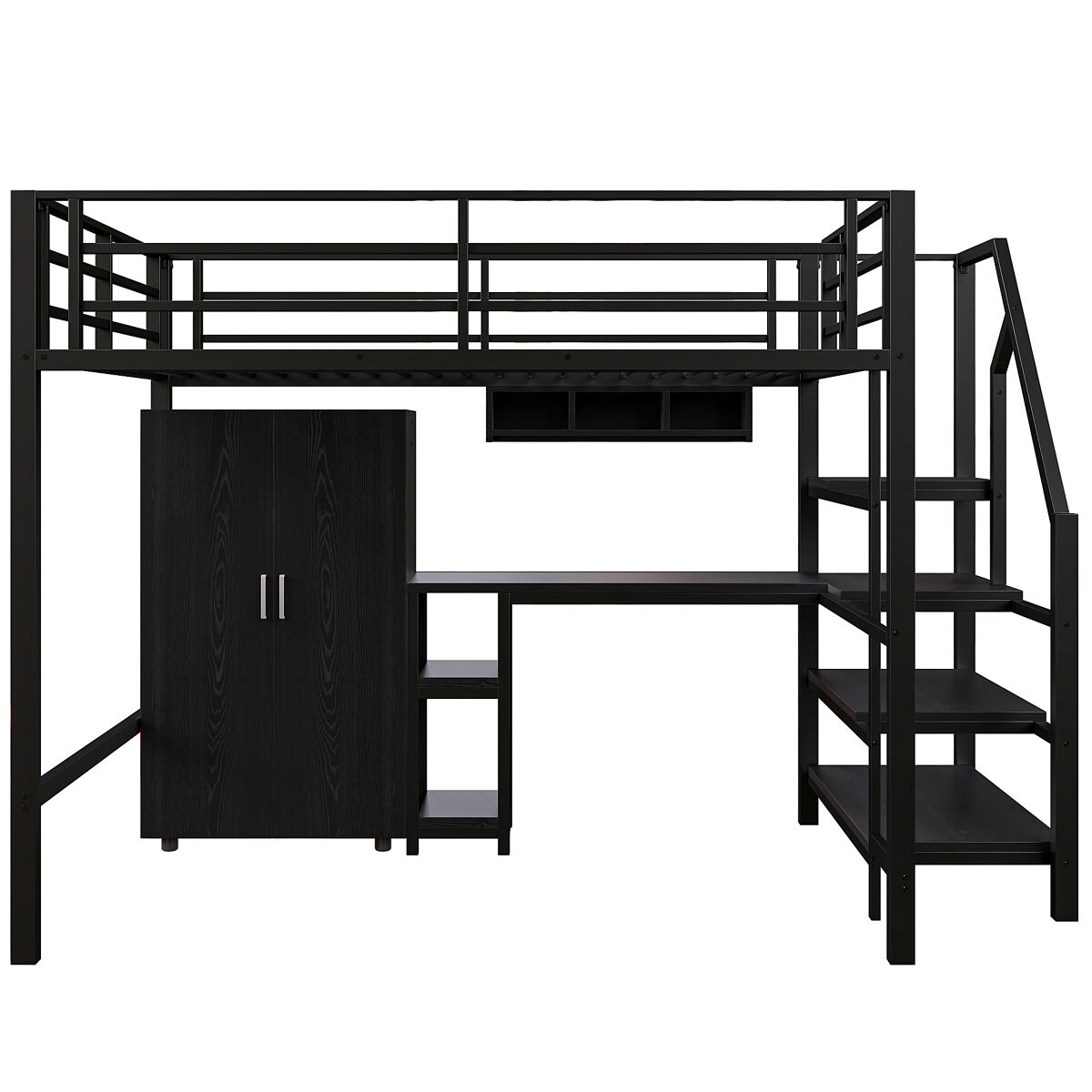 Cama alta de metal de 140x200 cm - con escritorio, armario y escalera de almacenaje - negro