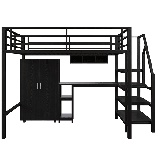 Cama alta metálica 140x200 cm - com secretária, roupeiro e escada de arrumação - Preto