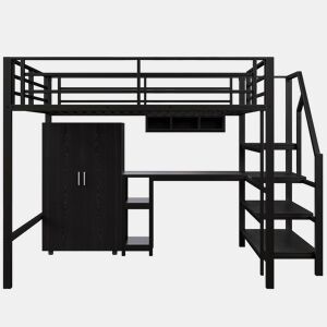 Cama alta metálica 140x200 cm - com secretária, roupeiro e escada de arrumação - Preto