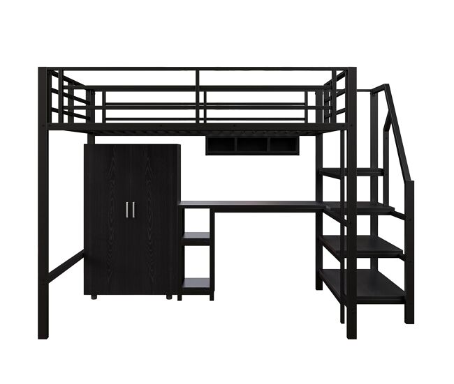 Cama alta de metal de 140x200 cm - con escritorio, armario y escalera de almacenaje - negro