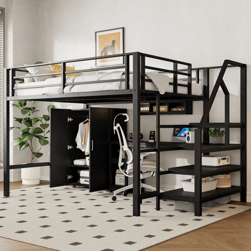 Cama alta metálica 140x200 cm - com secretária, roupeiro e escada de arrumação - Preto