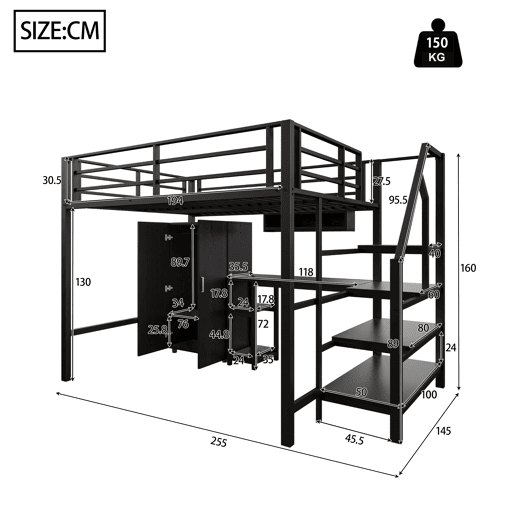 Cama alta metálica 140x200 cm - com secretária, roupeiro e escada de arrumação - Preto