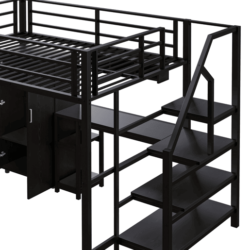 Cama alta metálica 140x200 cm - com secretária, roupeiro e escada de arrumação - Preto