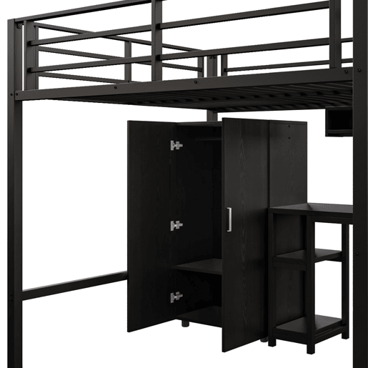 Cama alta metálica 140x200 cm - com secretária, roupeiro e escada de arrumação - Preto