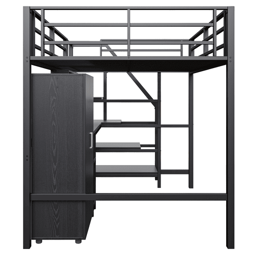 Cama alta metálica 140x200 cm - com secretária, roupeiro e escada de arrumação - Preto