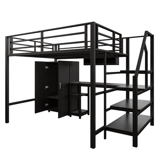 Cama alta metálica 140x200 cm - com secretária, roupeiro e escada de arrumação - Preto