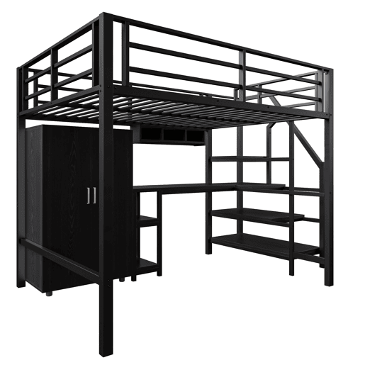 Cama alta metálica 140x200 cm - com secretária, roupeiro e escada de arrumação - Preto