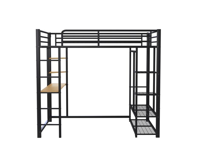 Cama entrepiso de metal 140x200 cm - con mesa y estantes - negro