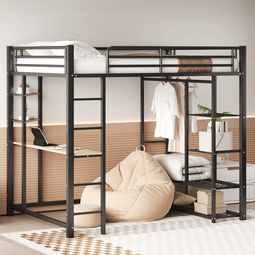 Cama mezzanine metálica 140x200 cm - com mesa e prateleiras - Preto