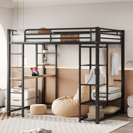 Cama mezzanine metálica 140x200 cm - com mesa e prateleiras - Preto