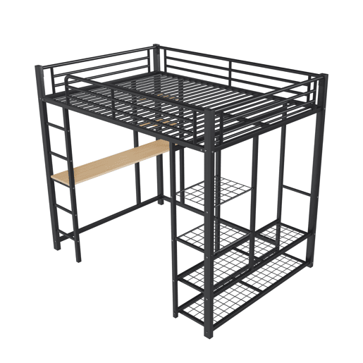 Cama mezzanine metálica 140x200 cm - com mesa e prateleiras - Preto