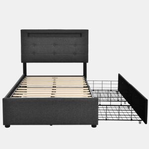 Cama contentora para roupa de cama com LED 90x200 cm + 2 gavetas + estrado - Cinzento