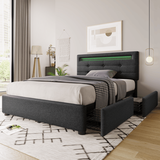 Cama contentora para roupa de cama com LED 90x200 cm + 2 gavetas + estrado - Cinzento