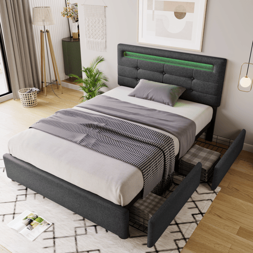 Cama contentora para roupa de cama com LED 90x200 cm + 2 gavetas + estrado - Cinzento
