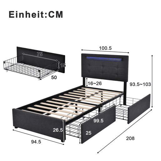 Cama contentora para roupa de cama com LED 90x200 cm + 2 gavetas + estrado - Cinzento