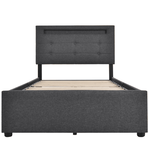 Cama contentora para roupa de cama com LED 90x200 cm + 2 gavetas + estrado - Cinzento