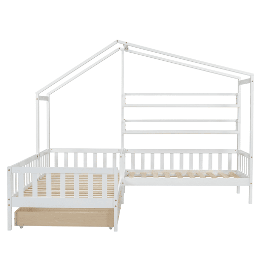 Cama de cabina 90x200cm + 140x70cm em madeira maciça - com gavetas e prateleiras + estrado - Branco Cama de cabina 90x200cm + 140x70cm em madeira maciça - com gavetas e prateleiras + estrado - Branco