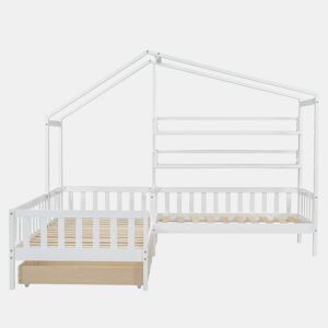 Cama de cabina 90x200cm + 140x70cm em madeira maciça - com gavetas e prateleiras + estrado - Branco