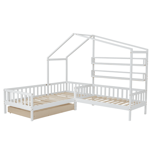 Cama de cabina 90x200cm + 140x70cm em madeira maciça - com gavetas e prateleiras + estrado - Branco Cama de cabina 90x200cm + 140x70cm em madeira maciça - com gavetas e prateleiras + estrado - Branco