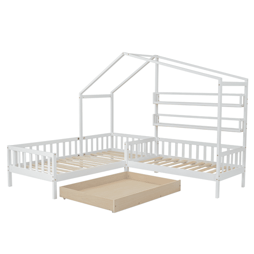 Cama de cabina 90x200cm + 140x70cm em madeira maciça - com gavetas e prateleiras + estrado - Branco Cama de cabina 90x200cm + 140x70cm em madeira maciça - com gavetas e prateleiras + estrado - Branco