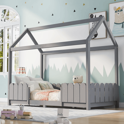 Cama de cabina 90x200cm madeira maciça - com proteção anti-queda - Cinzento