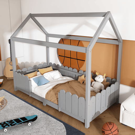 Cama de cabina 90x200cm madeira maciça - com proteção anti-queda - Cinzento