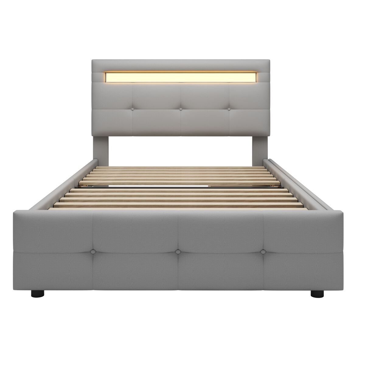 Cama individual 90x200 cm en tejido de lino con led y 2 cajones - gris