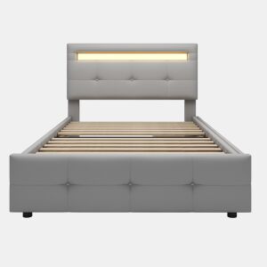 Cama individual 90x200 cm em tecido de linho com LED e 2 gavetas - Cinzento