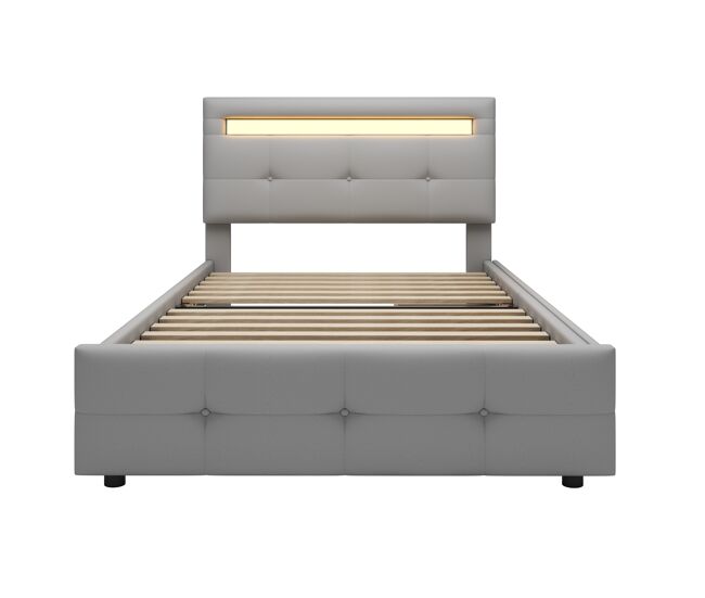 Cama individual 90x200 cm en tejido de lino con led y 2 cajones - gris