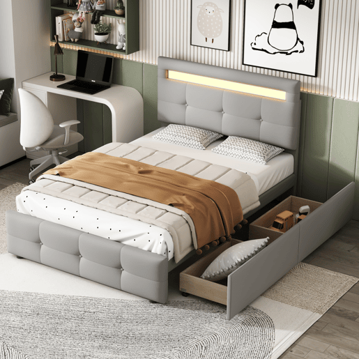 Cama individual 90x200 cm em tecido de linho com LED e 2 gavetas - Cinzento