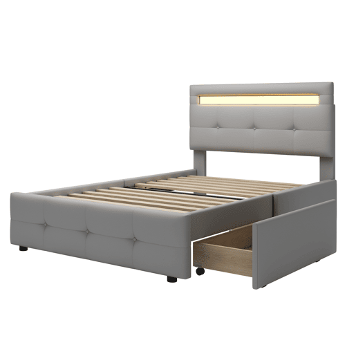 Cama individual 90x200 cm em tecido de linho com LED e 2 gavetas - Cinzento