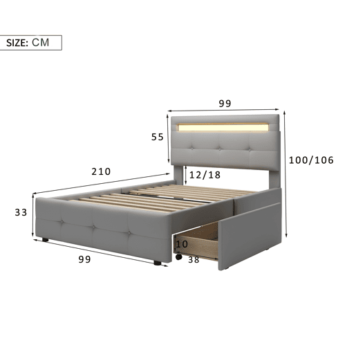 Cama individual 90x200 cm em tecido de linho com LED e 2 gavetas - Cinzento