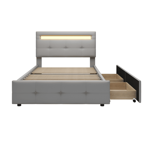 Cama individual 90x200 cm em tecido de linho com LED e 2 gavetas - Cinzento
