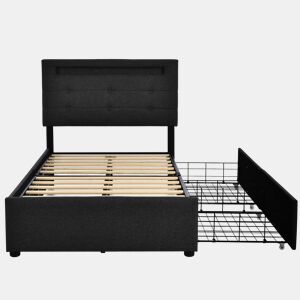 Cama contentora para roupa de cama com LED 90x200 cm + 2 gavetas + estrado - Preto