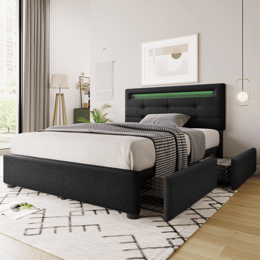 Cama contentora para roupa de cama com LED 90x200 cm + 2 gavetas + estrado - Preto