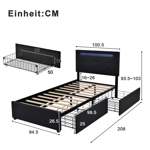 Cama contentora para roupa de cama com LED 90x200 cm + 2 gavetas + estrado - Preto