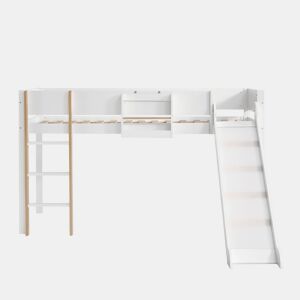 Cama alta 90x200 cm com prateleiras extraíveis - com escada e escorrega - em madeira de pinho e MDF - Branco