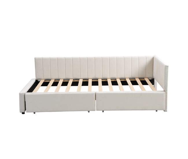 Sofá cama tapizado en terciopelo 90x200 cm - con 2 cajones grandes y somier de láminas - blanco