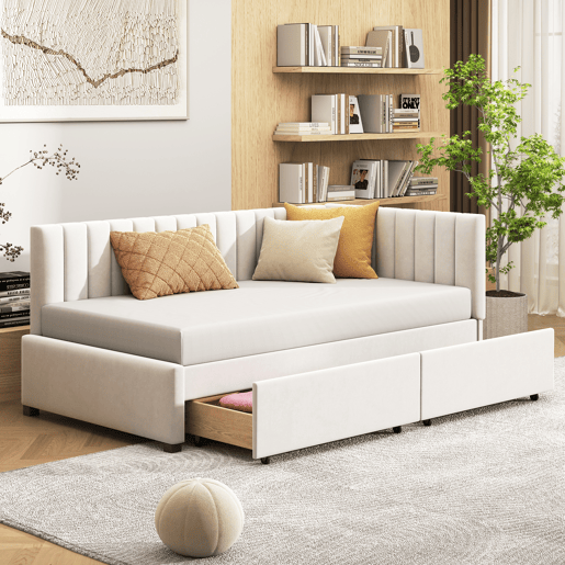 Sofá-cama estofado em veludo 90x200 cm - com 2 gavetas grandes e estrado de ripas - Branco