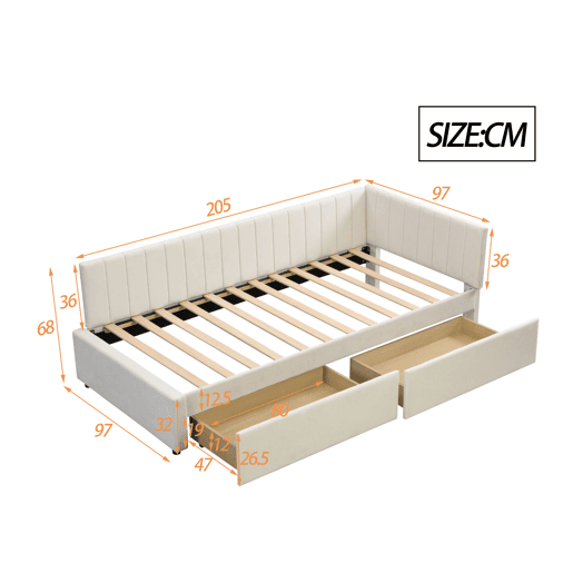 Sofá-cama estofado em veludo 90x200 cm - com 2 gavetas grandes e estrado de ripas - Branco