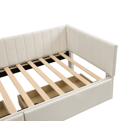 Sofá-cama estofado em veludo 90x200 cm - com 2 gavetas grandes e estrado de ripas - Branco