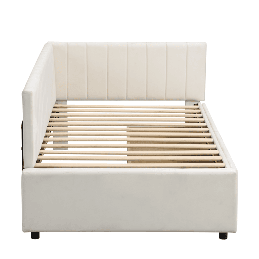 Sofá-cama estofado em veludo 90x200 cm - com 2 gavetas grandes e estrado de ripas - Branco