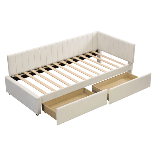 Sofá-cama estofado em veludo 90x200 cm - com 2 gavetas grandes e estrado de ripas - Branco